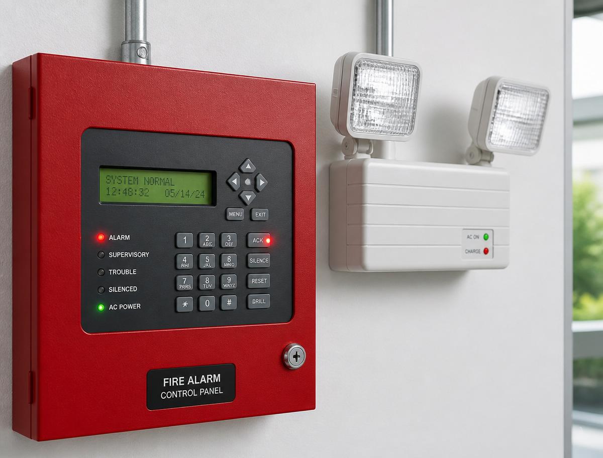 Fire alarm control panel and emergency lighting on a commercial wall