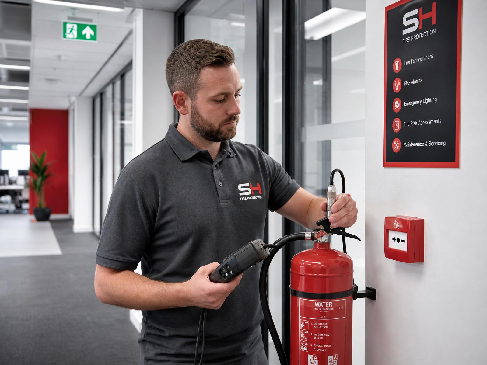 SH Fire Protection engineer servicing a fire extinguisher in a modern commercial office